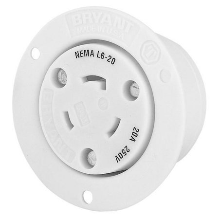 BRYANT Locking Device, Flanged Receptacle, 20A 250V, 2-Pole 3-Wire Grounding, L6-20R, Screw Terminal, White 70620ER